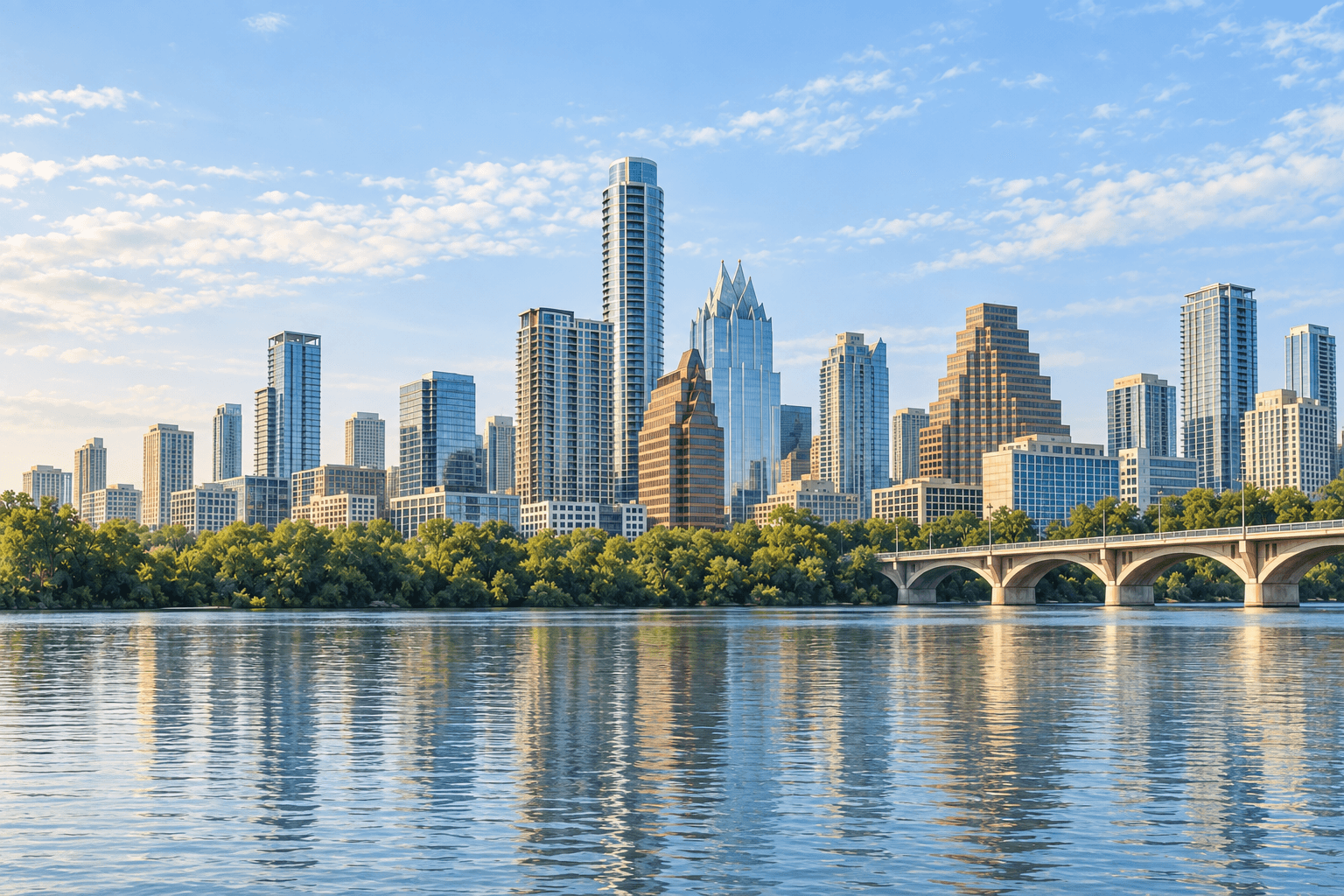 Austin skyline across Lady Bird Lake, with a distant green riverbank and arched bridge in soft daylight