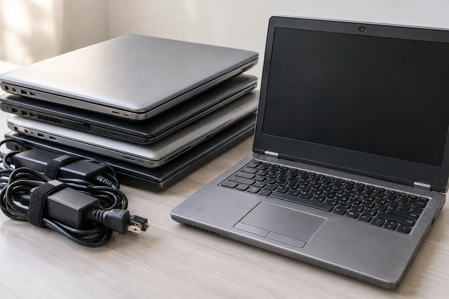 Retired laptops and bundled power cords arranged together