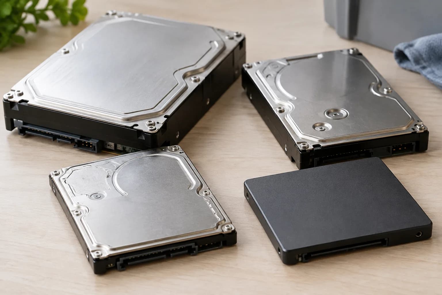 Hard disk drives and a solid-state drive with their protective covers intact